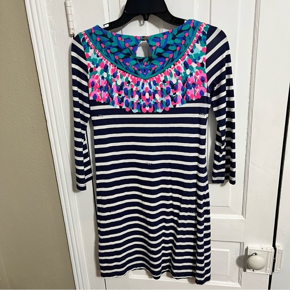 Lilly Pulitzer Bay Dress Bright Navy Island Medallion Stripe XXS L1 - Picture 6 of 8